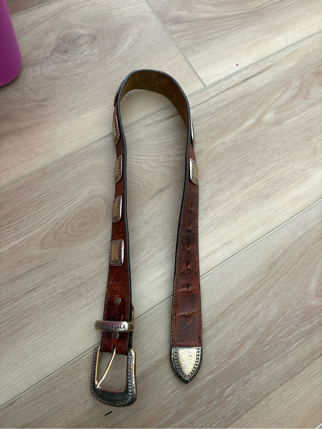 Vintage Brown Leather Womens Belt With Silver-Tone Buckle
